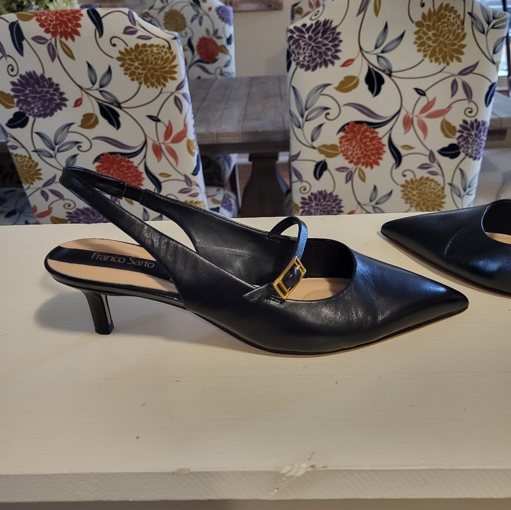 Franco Sarto Black Leather Slingback Kitten Heels with Gold Buckle